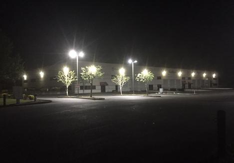 A parking lot with street lights and trees.